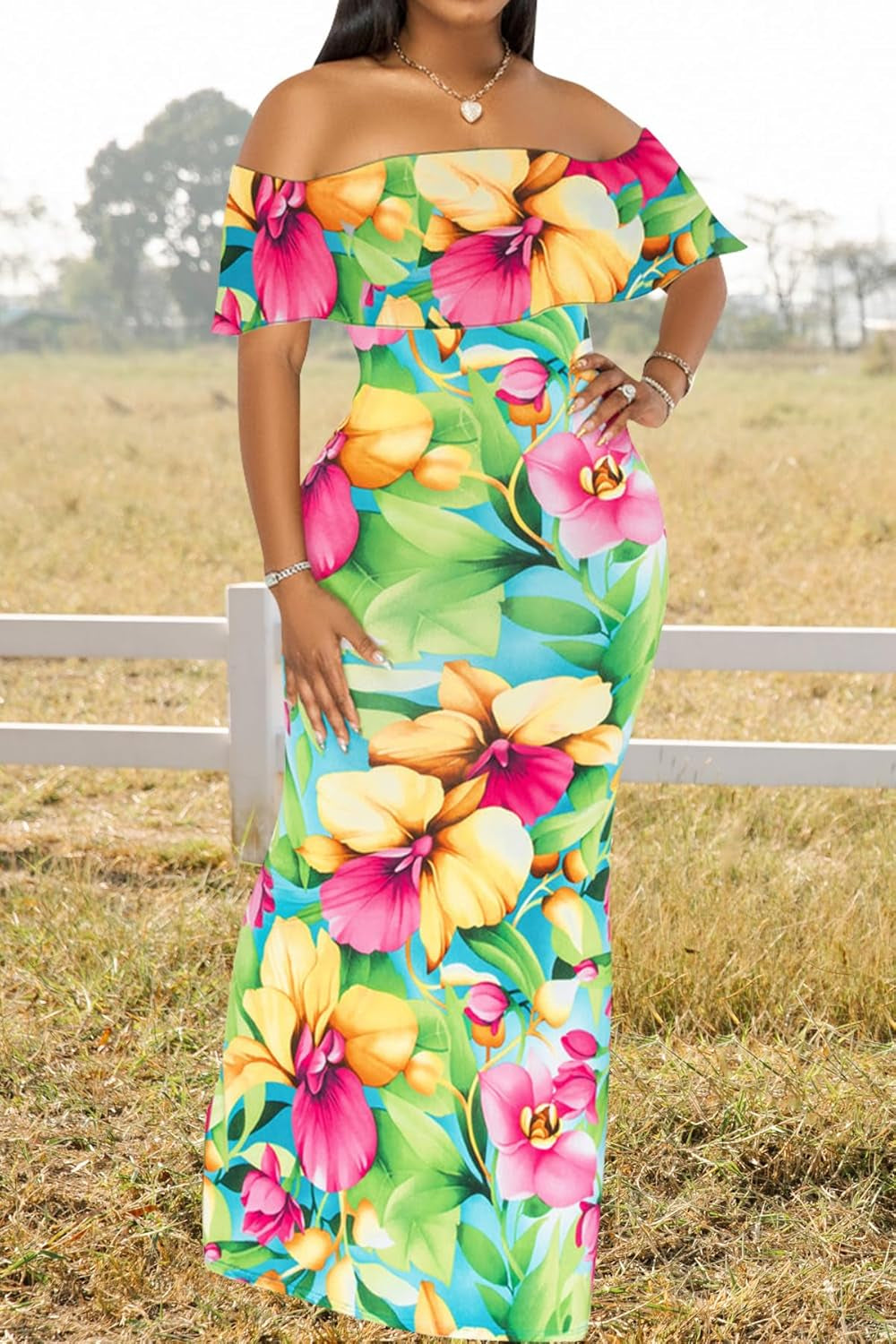 Women'S Sexy off Shoulder Maxi Dress Hawaiian Floral Evening Gown Long Dress