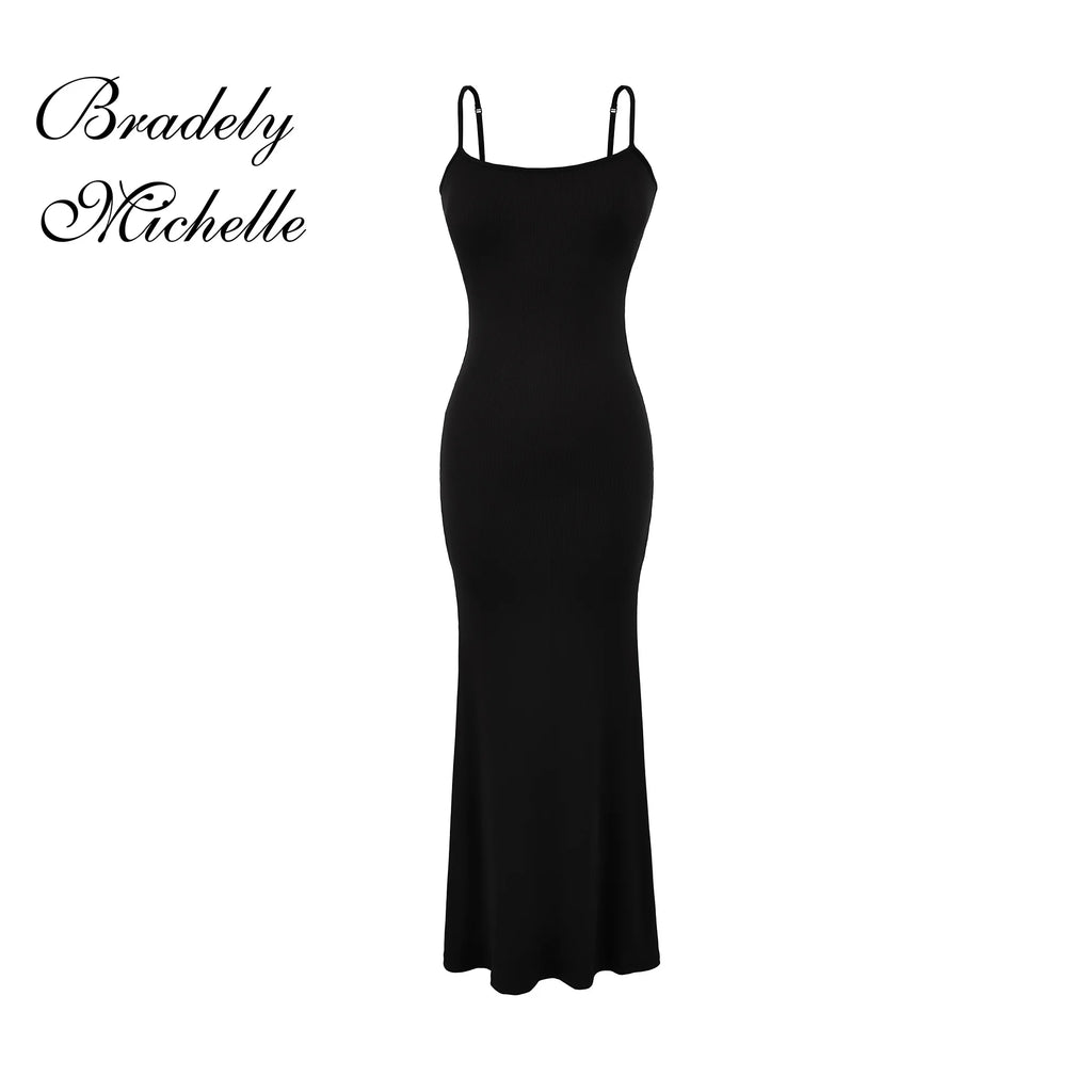 Y2K Sexy Ribbed Maxi Dress with Built-in Bra Padded Double Spaghetti Strap Bodycon Mermaid Hem Long Dress Clubwear