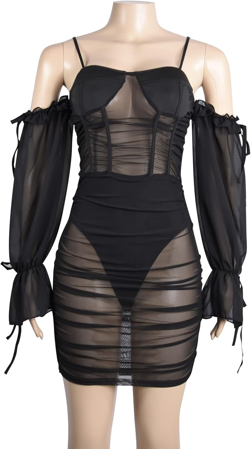 Sexy Club Dresses for Women, Skinny Short Dress See-Through Mesh Sheer Puff Long Sleeve Bodycon Party Club Outfits Black Small