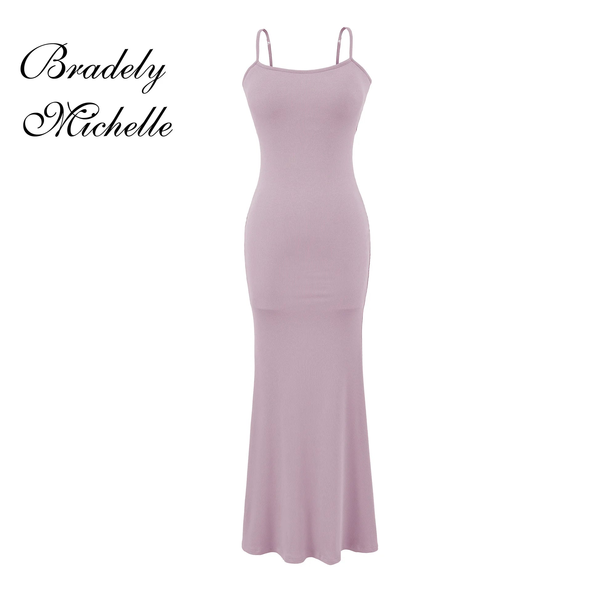 Y2K Sexy Ribbed Maxi Dress with Built-in Bra Padded Double Spaghetti Strap Bodycon Mermaid Hem Long Dress Clubwear