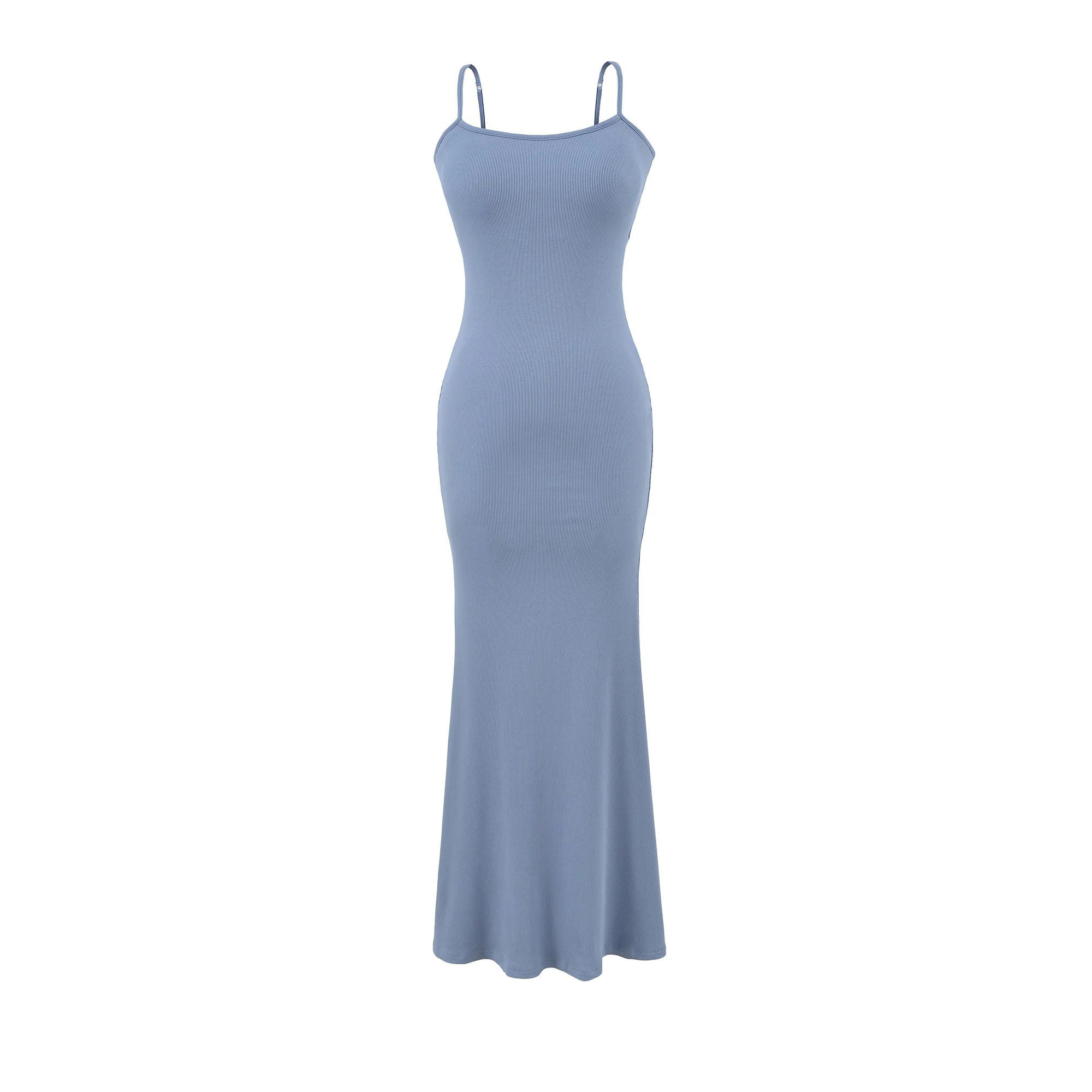 Y2K Sexy Ribbed Maxi Dress with Built-in Bra Padded Double Spaghetti Strap Bodycon Mermaid Hem Long Dress Clubwear