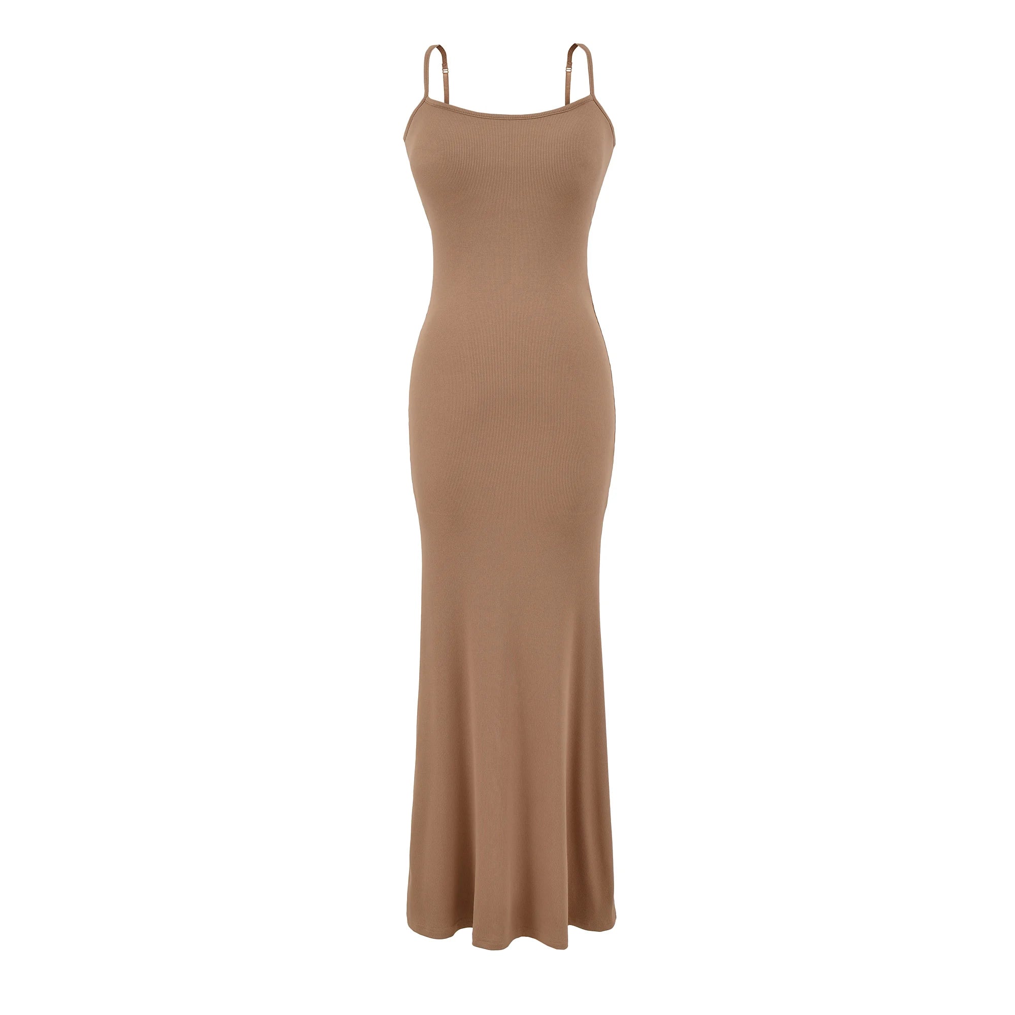 Y2K Sexy Ribbed Maxi Dress with Built-in Bra Padded Double Spaghetti Strap Bodycon Mermaid Hem Long Dress Clubwear