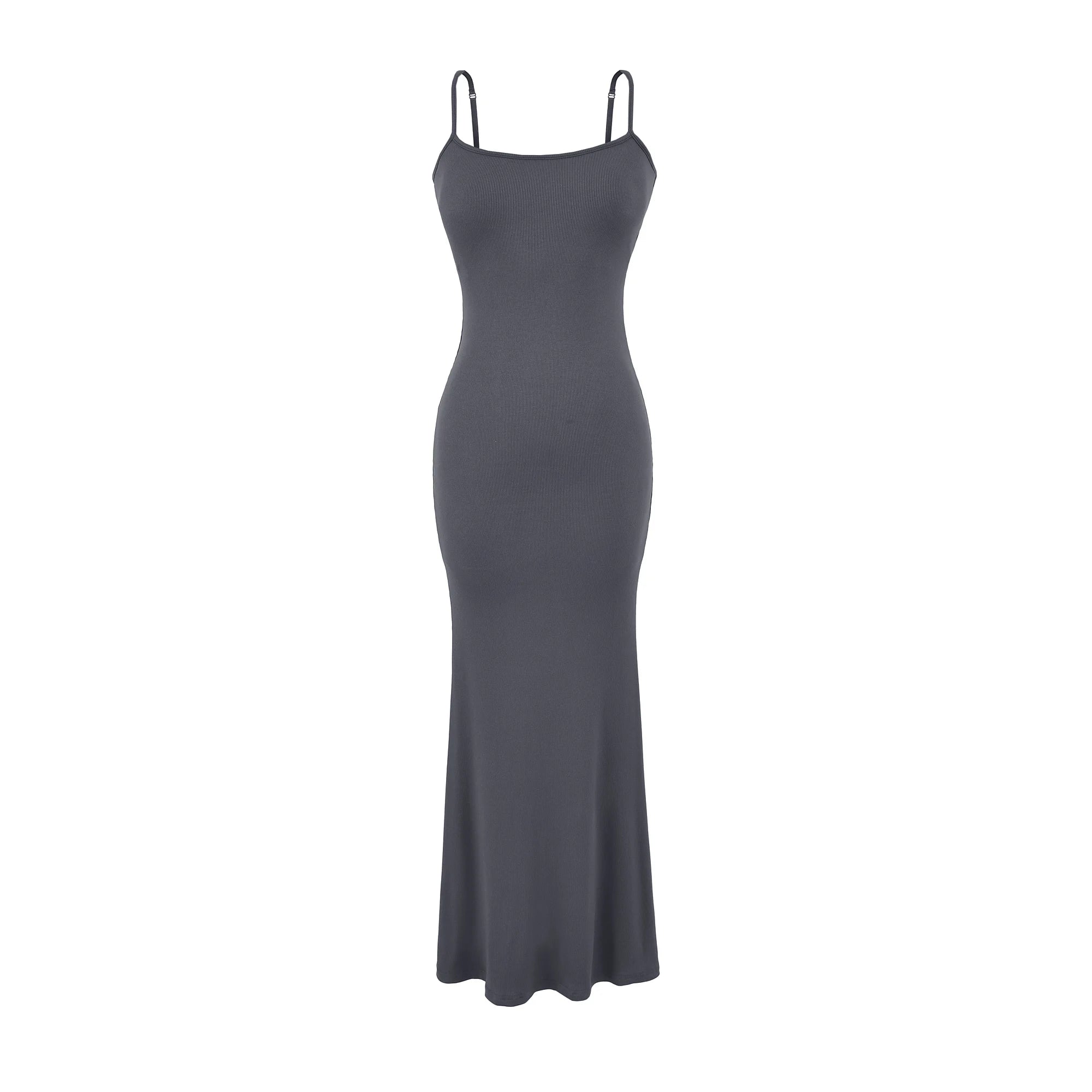 Y2K Sexy Ribbed Maxi Dress with Built-in Bra Padded Double Spaghetti Strap Bodycon Mermaid Hem Long Dress Clubwear