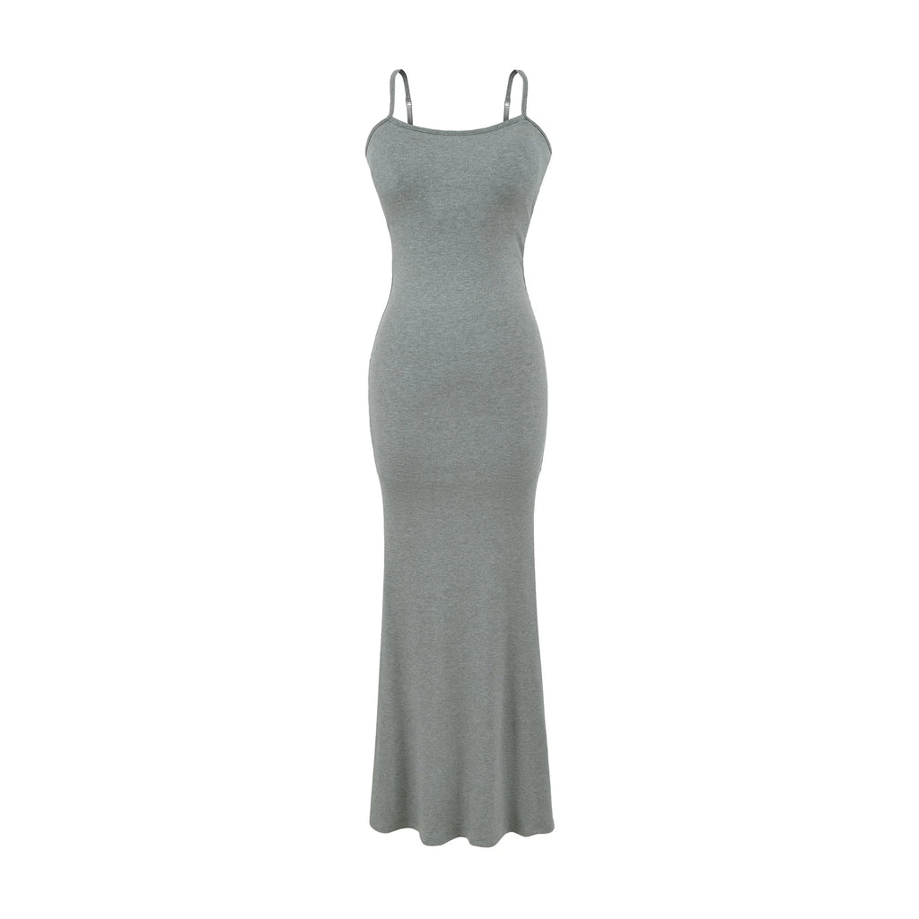 Y2K Sexy Ribbed Maxi Dress with Built-in Bra Padded Double Spaghetti Strap Bodycon Mermaid Hem Long Dress Clubwear