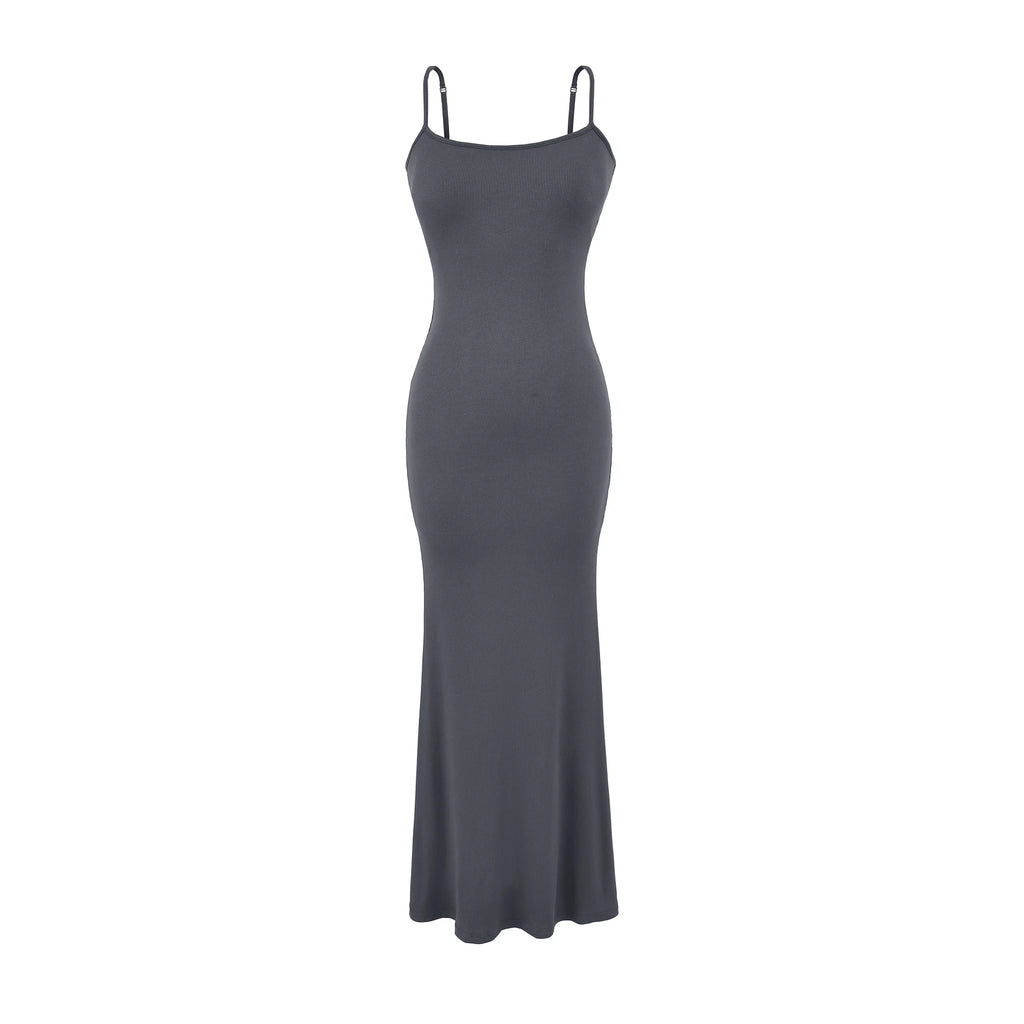 Y2K Sexy Ribbed Maxi Dress with Built-in Bra Padded Double Spaghetti Strap Bodycon Mermaid Hem Long Dress Clubwear