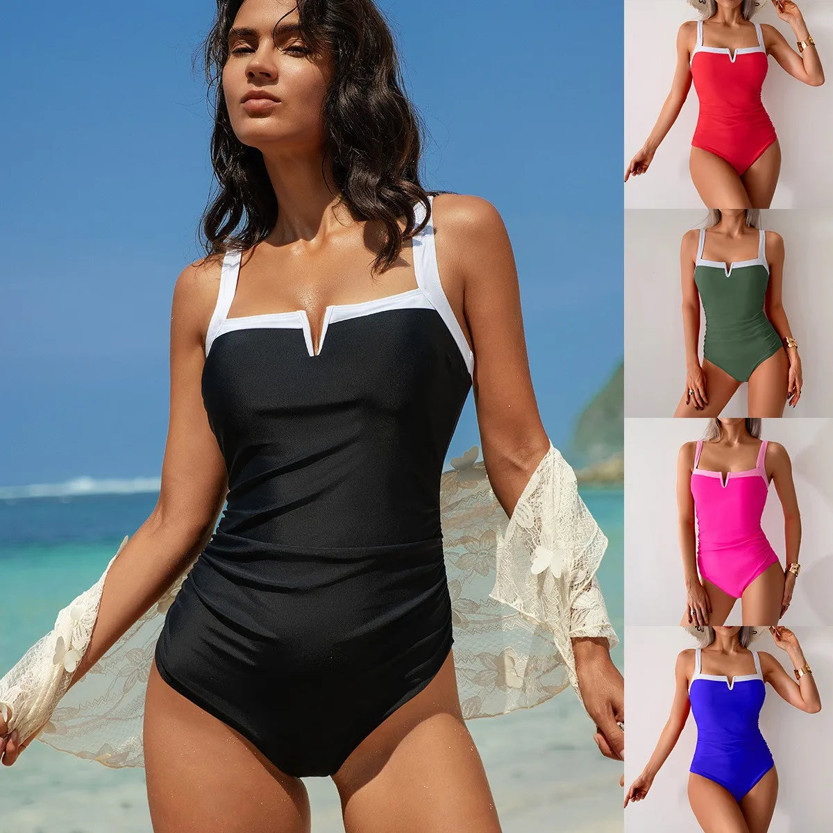 V Neck Swimsuit Black, Red Bikini Ruched Waist Green Monokini High Cut Legs Blue Swimsuit Sleeveless Solid Color Contrast Trim