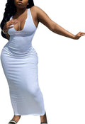 Womens Long Bodycon Maxi Tank Dress U Neck Ribbed Basic Summer Dress Sun Dresses White