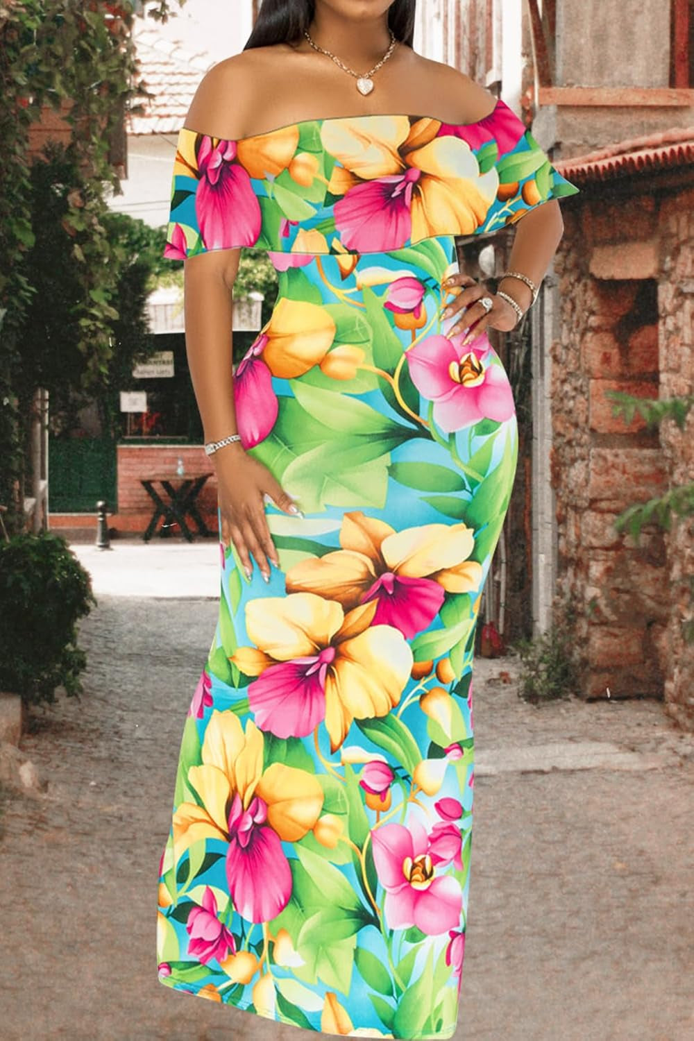 Women'S Sexy off Shoulder Maxi Dress Hawaiian Floral Evening Gown Long Dress