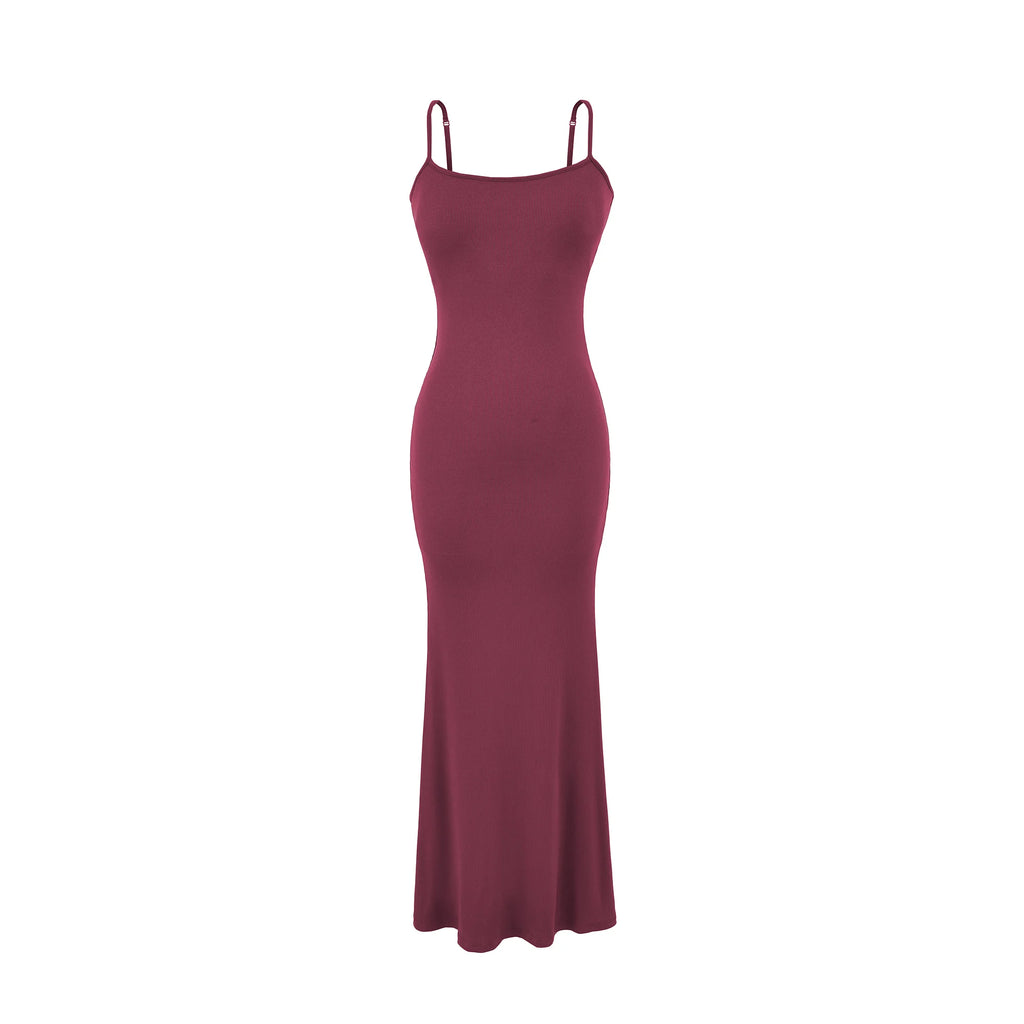 Y2K Sexy Ribbed Maxi Dress with Built-in Bra Padded Double Spaghetti Strap Bodycon Mermaid Hem Long Dress Clubwear