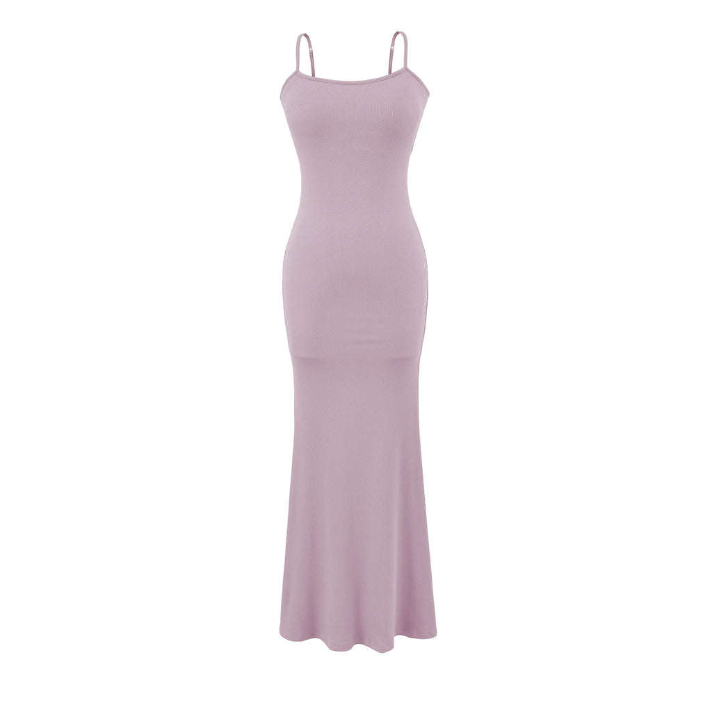 Y2K Sexy Ribbed Maxi Dress with Built-in Bra Padded Double Spaghetti Strap Bodycon Mermaid Hem Long Dress Clubwear