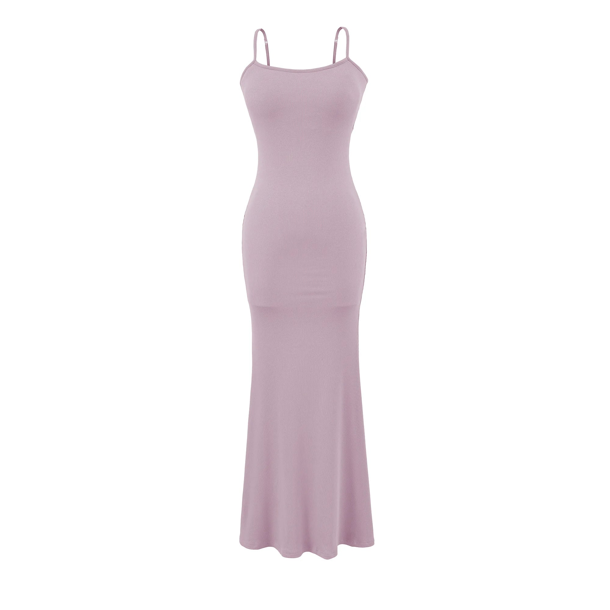 Y2K Sexy Ribbed Maxi Dress with Built-in Bra Padded Double Spaghetti Strap Bodycon Mermaid Hem Long Dress Clubwear