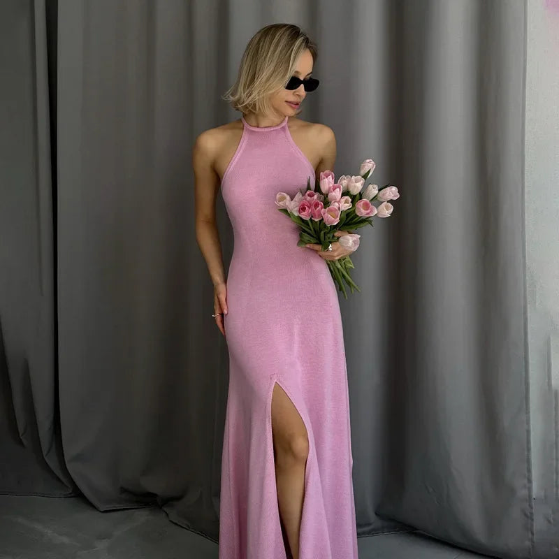 2024 New Fashion Personality Trend Style Sexy Sleeveless Halving Slit Solid Color Basic Round Neck Wool Woven Dress Woman