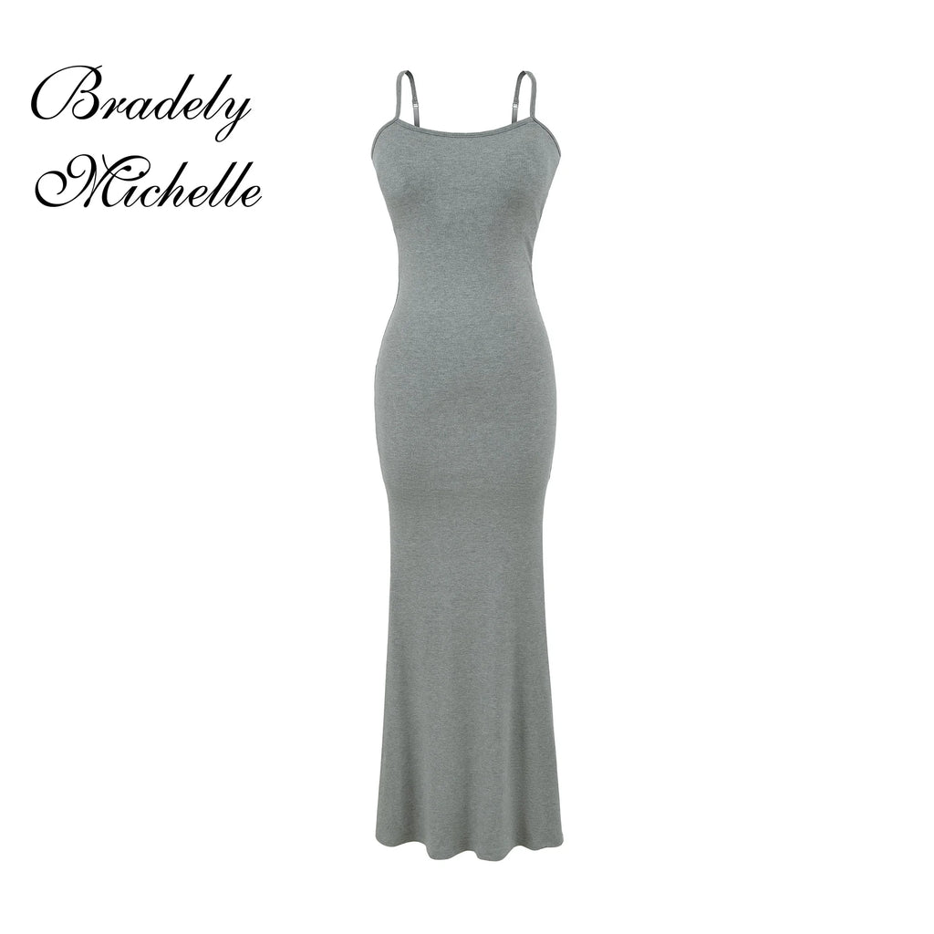 Y2K Sexy Ribbed Maxi Dress with Built-in Bra Padded Double Spaghetti Strap Bodycon Mermaid Hem Long Dress Clubwear