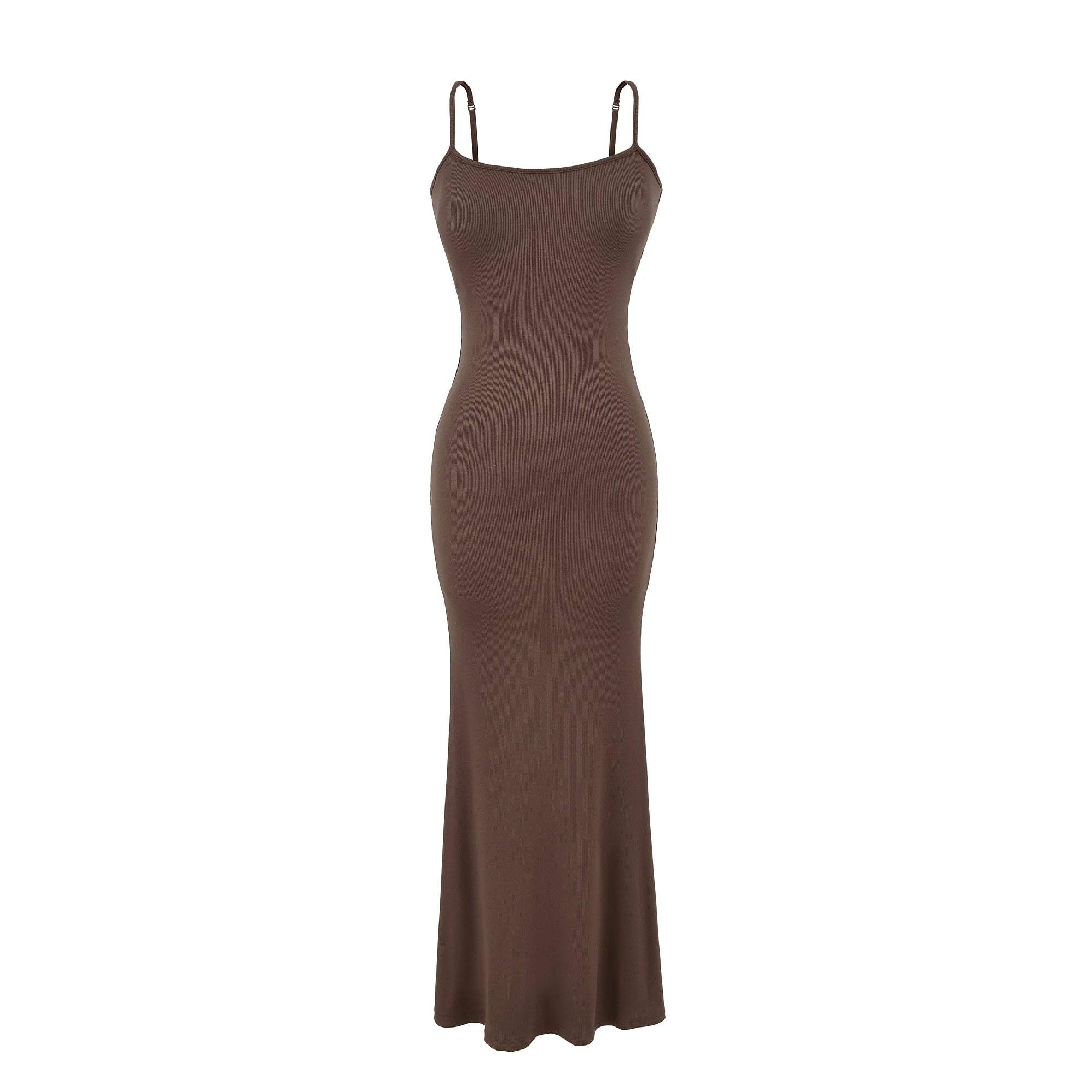 Y2K Sexy Ribbed Maxi Dress with Built-in Bra Padded Double Spaghetti Strap Bodycon Mermaid Hem Long Dress Clubwear