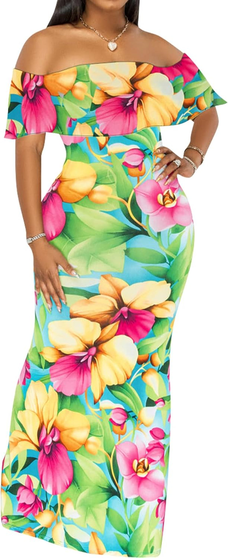 Women'S Sexy off Shoulder Maxi Dress Hawaiian Floral Evening Gown Long Dress
