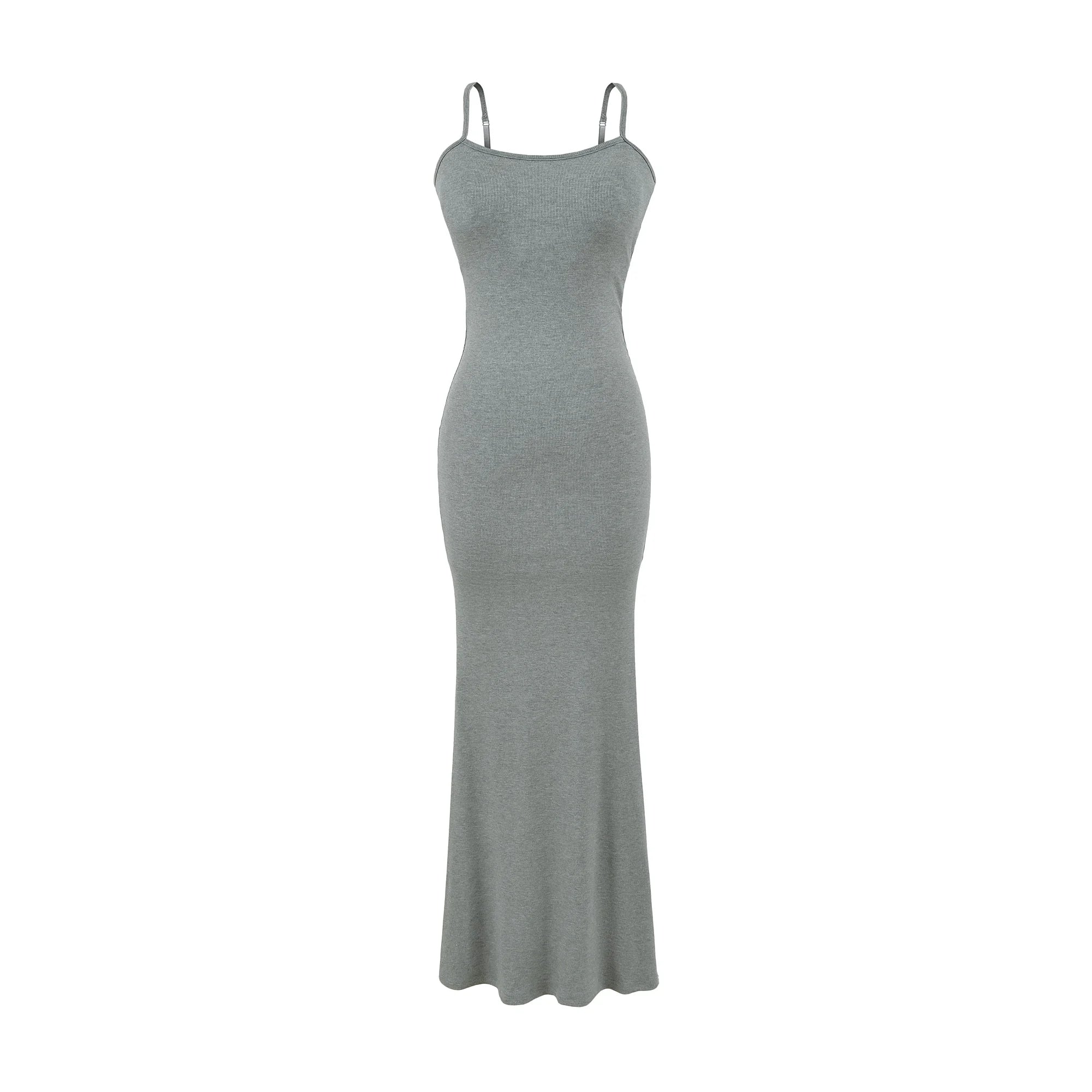 Y2K Sexy Ribbed Maxi Dress with Built-in Bra Padded Double Spaghetti Strap Bodycon Mermaid Hem Long Dress Clubwear