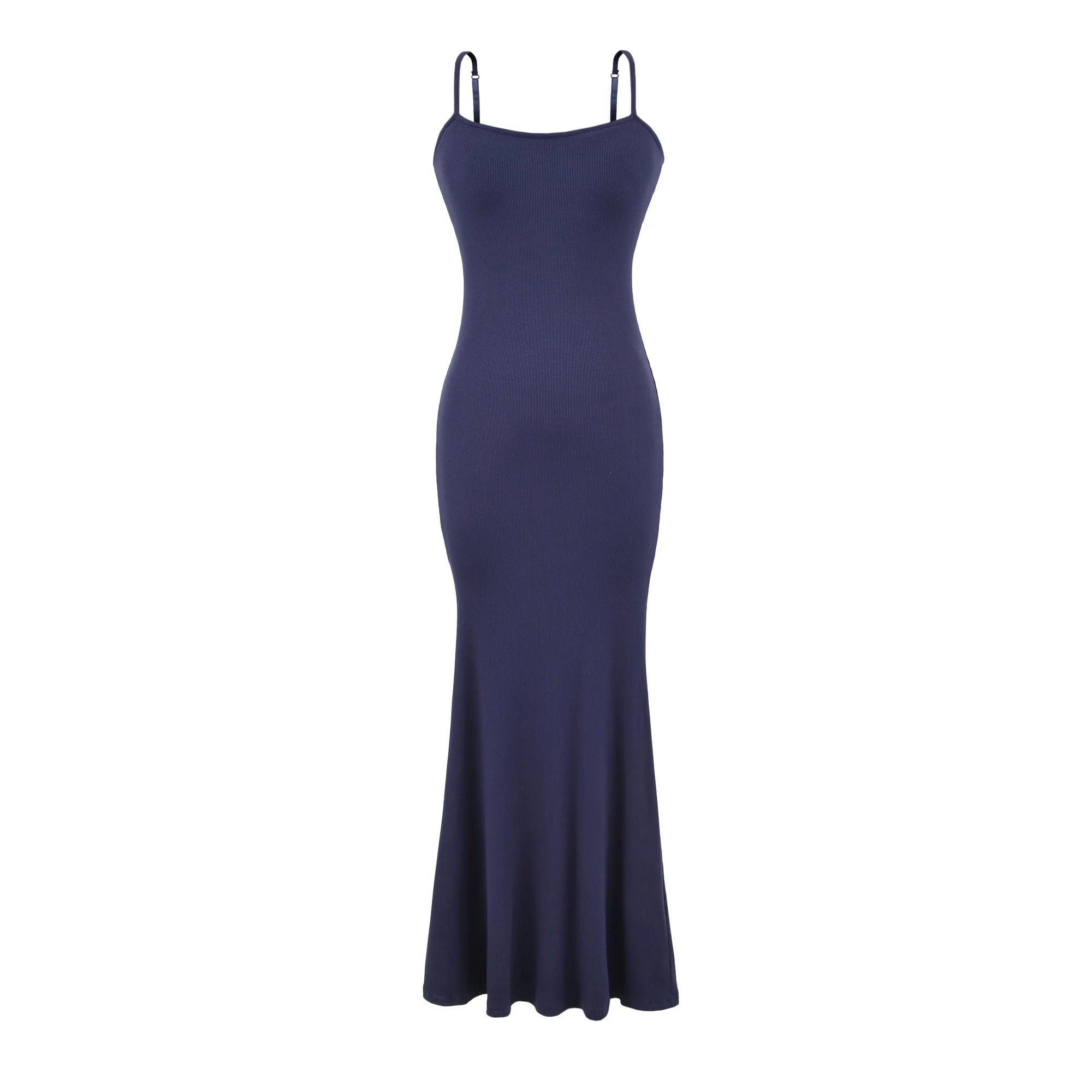 Y2K Sexy Ribbed Maxi Dress with Built-in Bra Padded Double Spaghetti Strap Bodycon Mermaid Hem Long Dress Clubwear