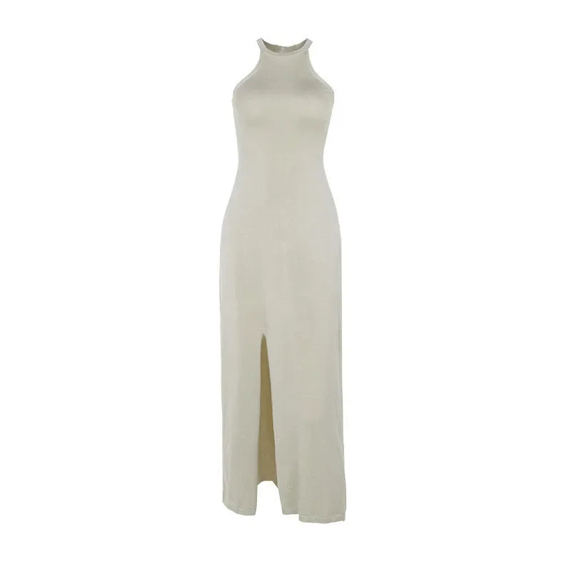 2024 New Fashion Personality Trend Style Sexy Sleeveless Halving Slit Solid Color Basic Round Neck Wool Woven Dress Woman