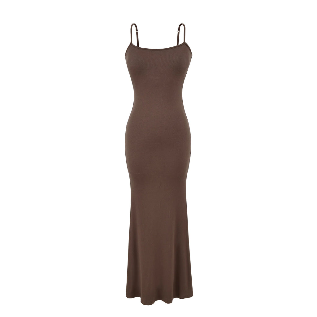 Y2K Sexy Ribbed Maxi Dress with Built-in Bra Padded Double Spaghetti Strap Bodycon Mermaid Hem Long Dress Clubwear