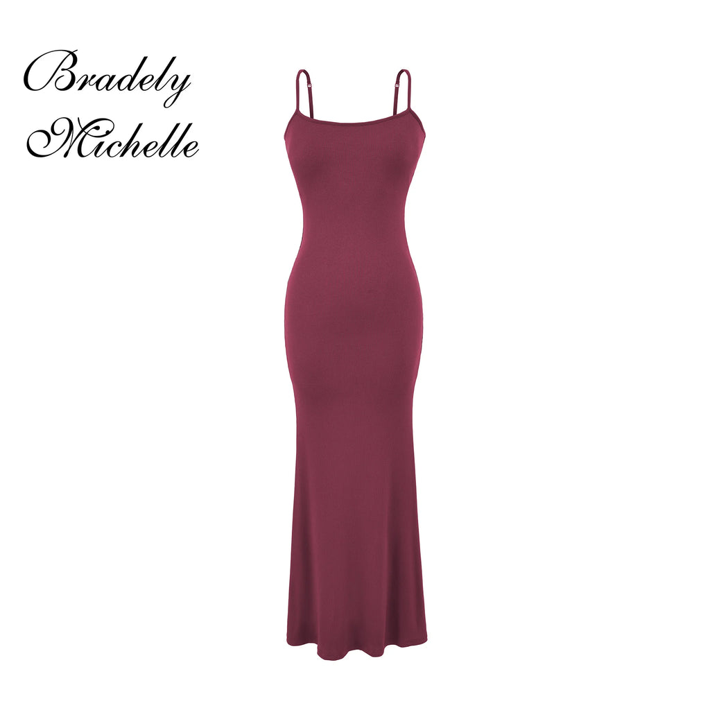 Y2K Sexy Ribbed Maxi Dress with Built-in Bra Padded Double Spaghetti Strap Bodycon Mermaid Hem Long Dress Clubwear