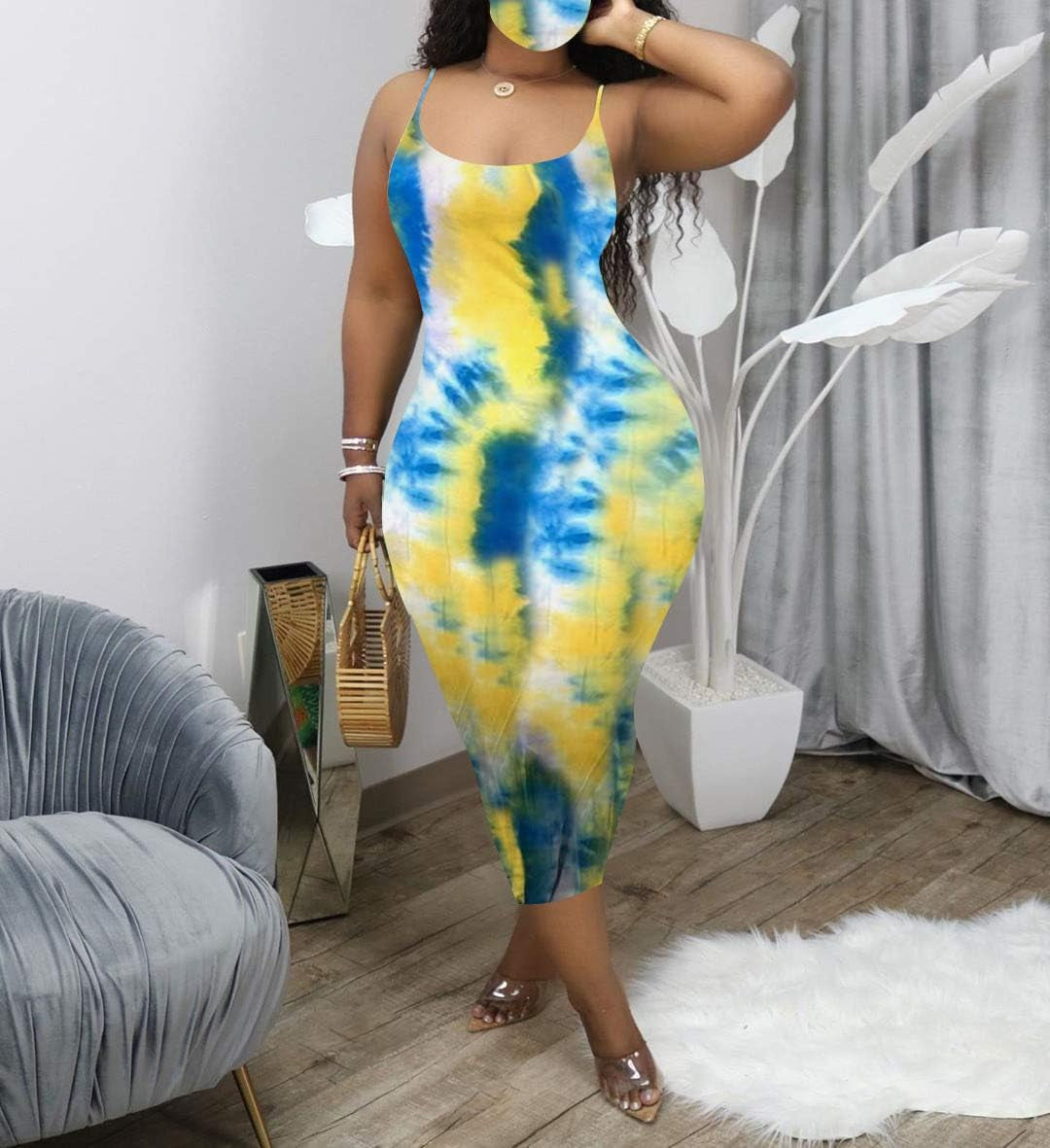 Sexy Dresses for Women - Tie Dye Dresses for Women Casual Summer Spaghetti Strap Maxi Sundress Dresses Sexy Bodycon Boho Dresses Blue, Medium