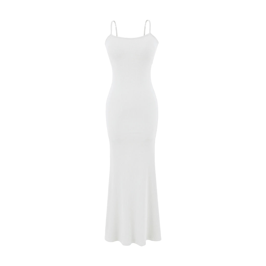 Y2K Sexy Ribbed Maxi Dress with Built-in Bra Padded Double Spaghetti Strap Bodycon Mermaid Hem Long Dress Clubwear