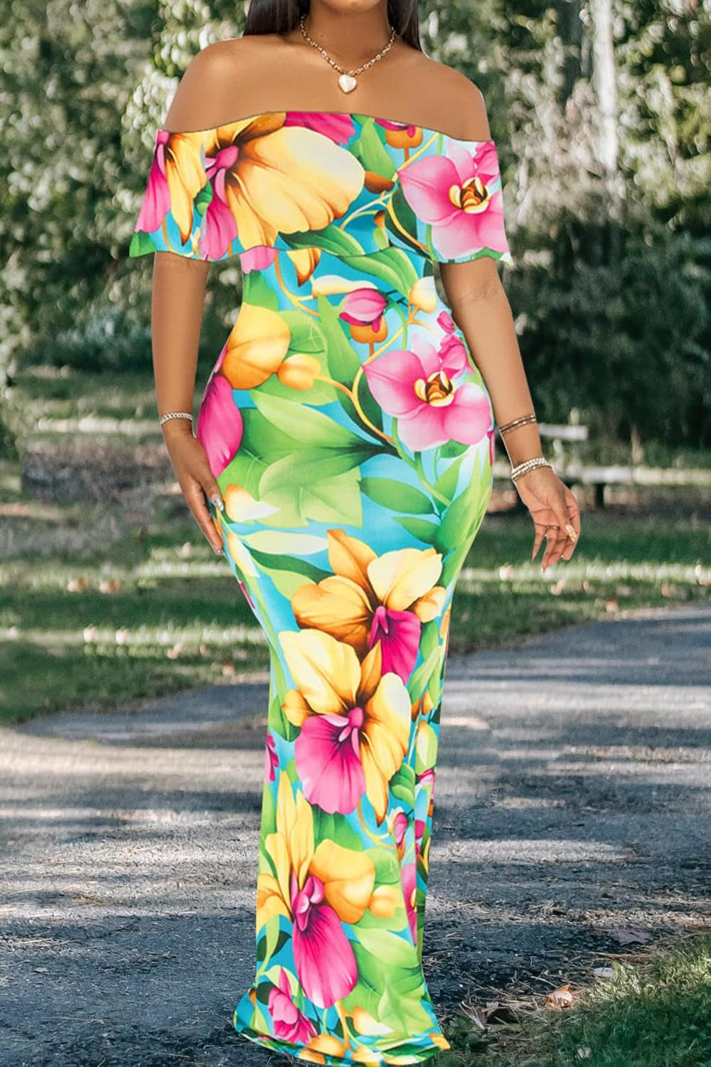 Women'S Sexy off Shoulder Maxi Dress Hawaiian Floral Evening Gown Long Dress