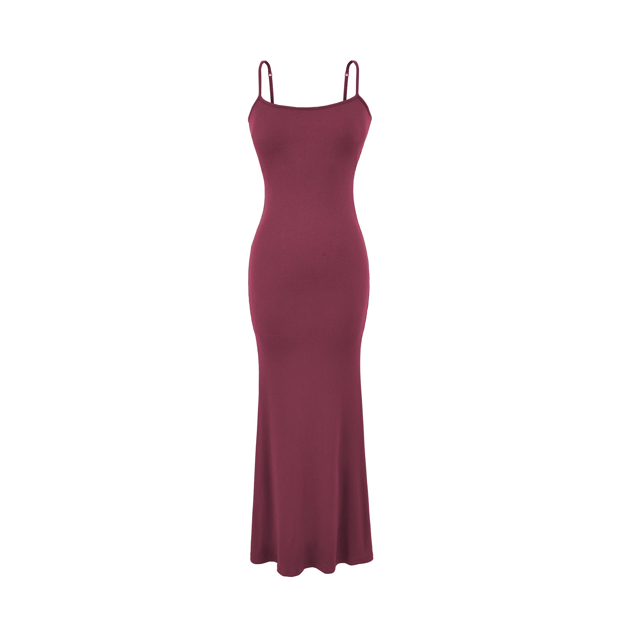 Y2K Sexy Ribbed Maxi Dress with Built-in Bra Padded Double Spaghetti Strap Bodycon Mermaid Hem Long Dress Clubwear