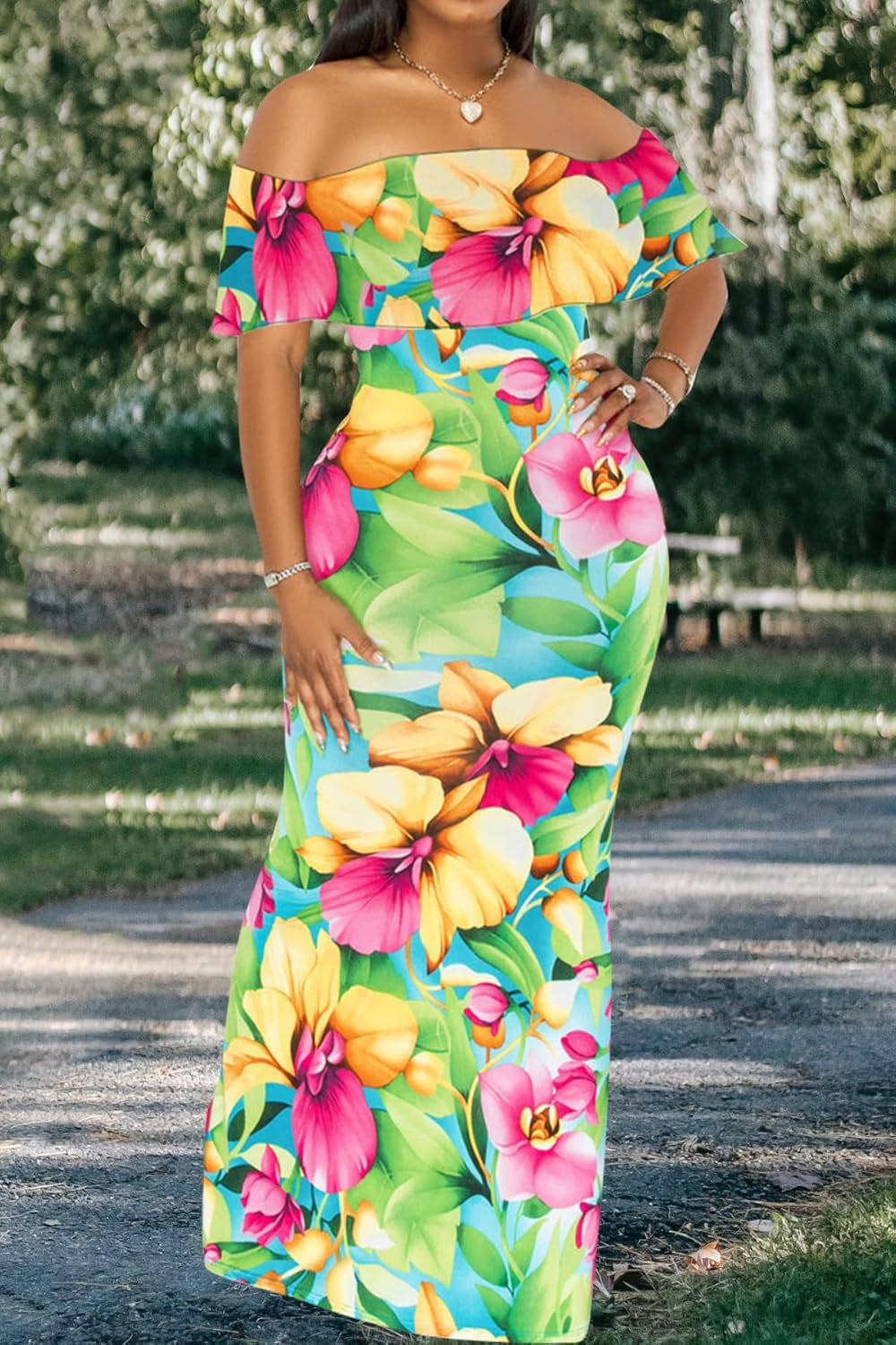 Women'S Sexy off Shoulder Maxi Dress Hawaiian Floral Evening Gown Long Dress