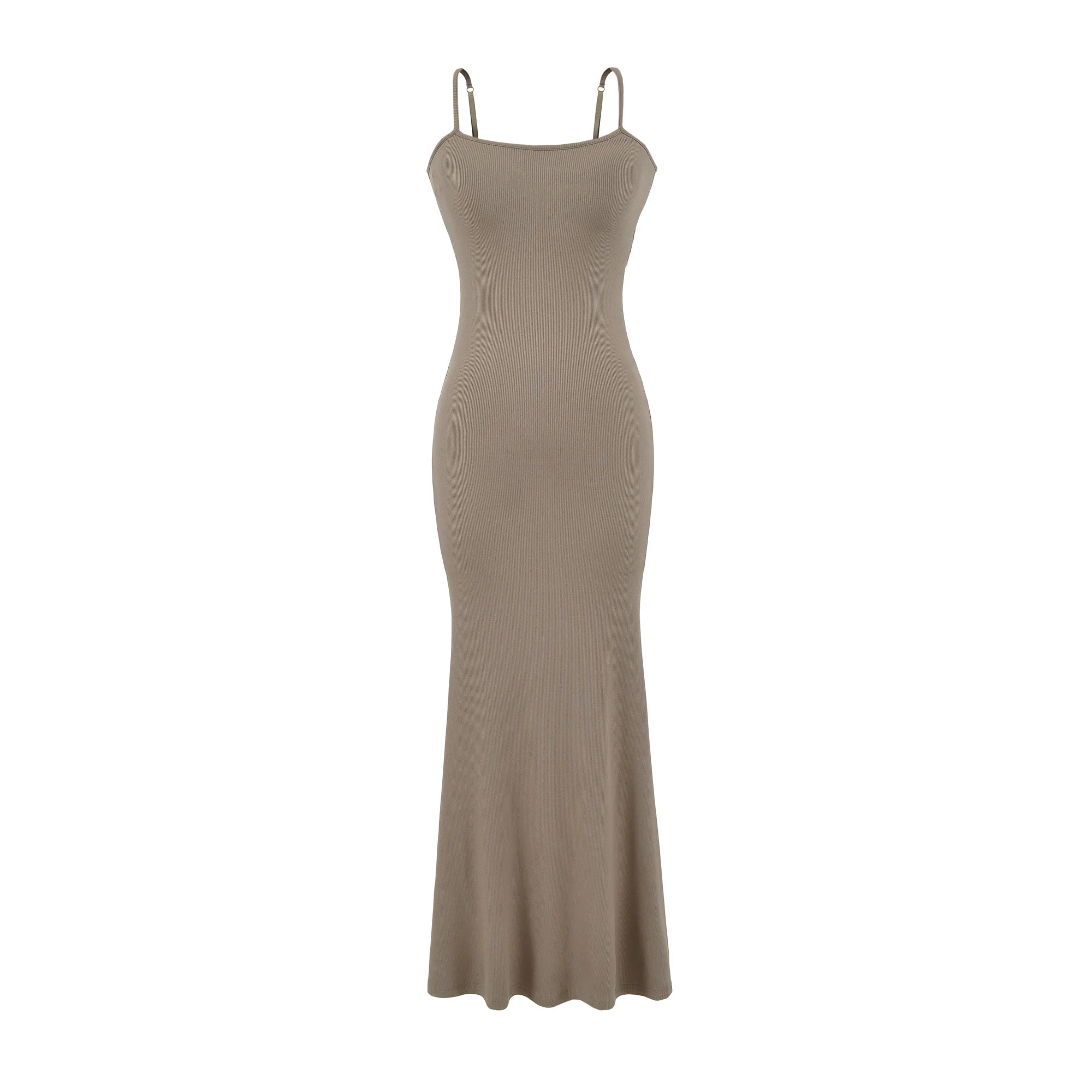 Y2K Sexy Ribbed Maxi Dress with Built-in Bra Padded Double Spaghetti Strap Bodycon Mermaid Hem Long Dress Clubwear