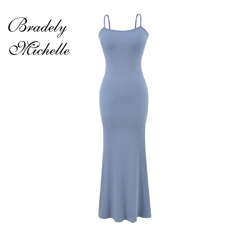 Y2K Sexy Ribbed Maxi Dress with Built-in Bra Padded Double Spaghetti Strap Bodycon Mermaid Hem Long Dress Clubwear