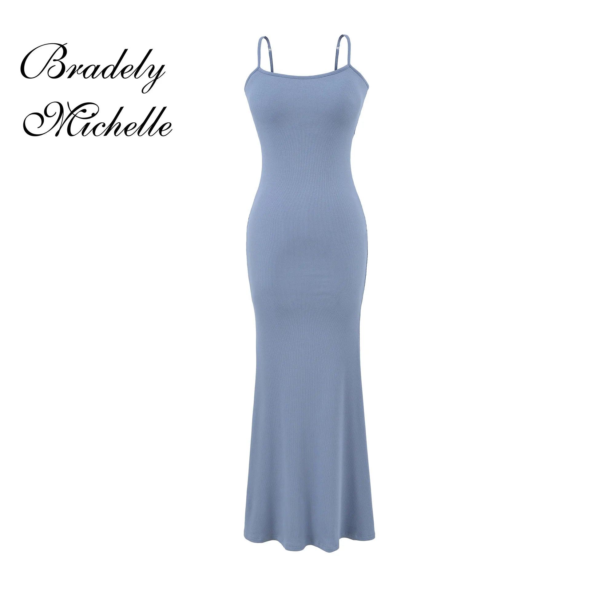 Y2K Sexy Ribbed Maxi Dress with Built-in Bra Padded Double Spaghetti Strap Bodycon Mermaid Hem Long Dress Clubwear