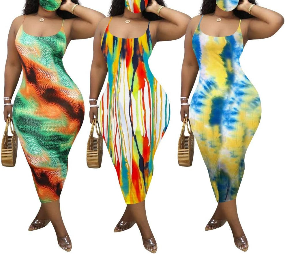 Sexy Dresses for Women - Tie Dye Dresses for Women Casual Summer Spaghetti Strap Maxi Sundress Dresses Sexy Bodycon Boho Dresses Blue, Medium