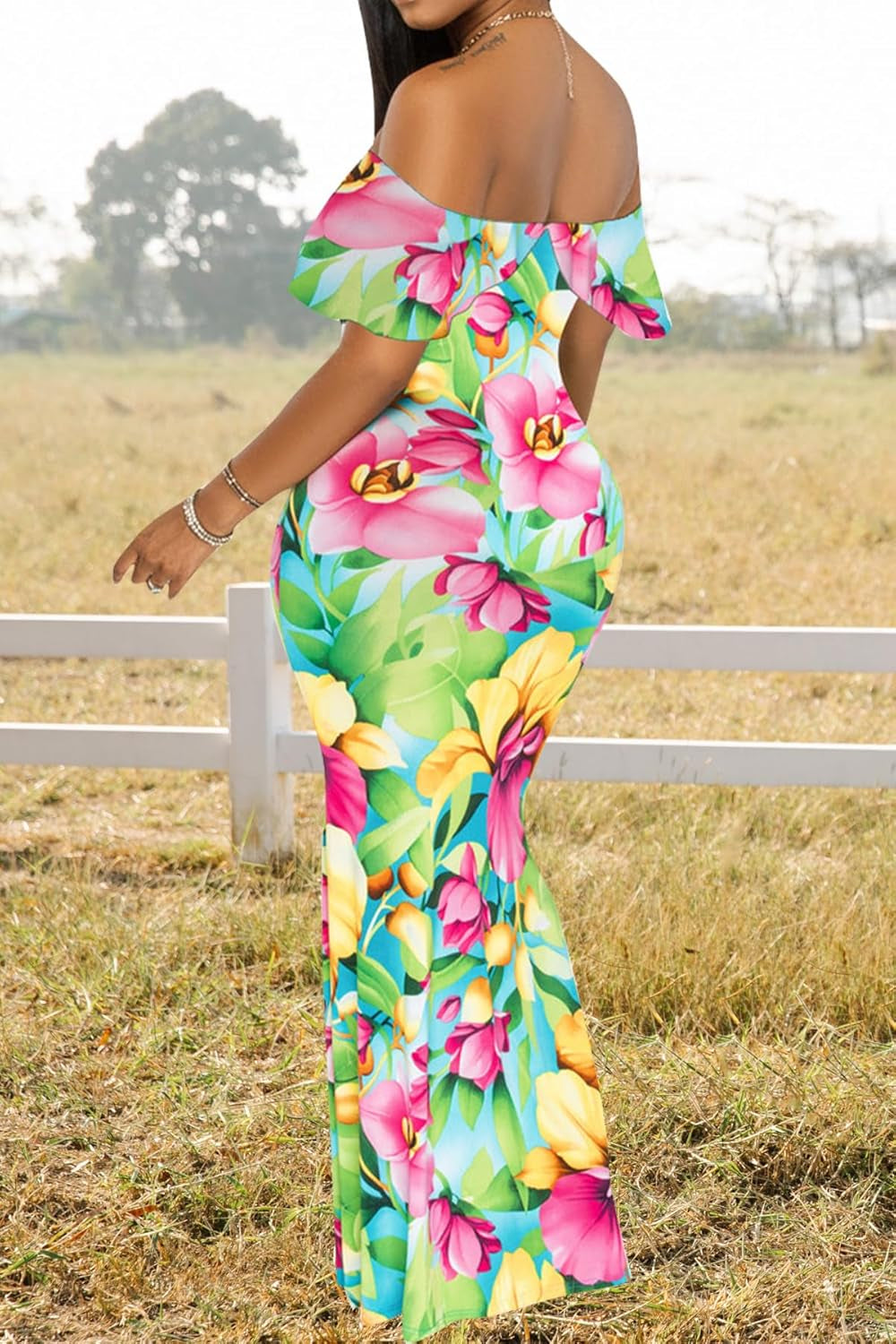 Women'S Sexy off Shoulder Maxi Dress Hawaiian Floral Evening Gown Long Dress