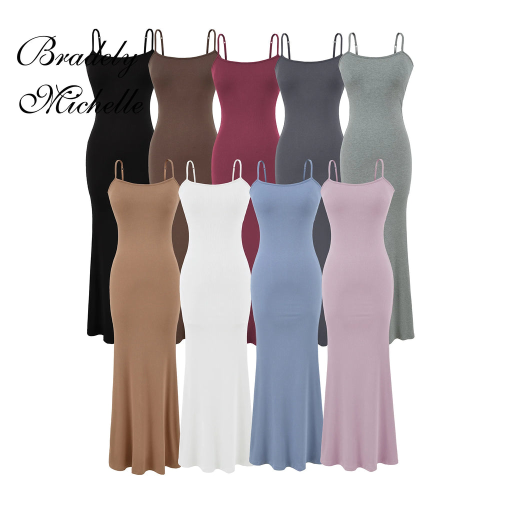 Y2K Sexy Ribbed Maxi Dress with Built-in Bra Padded Double Spaghetti Strap Bodycon Mermaid Hem Long Dress Clubwear