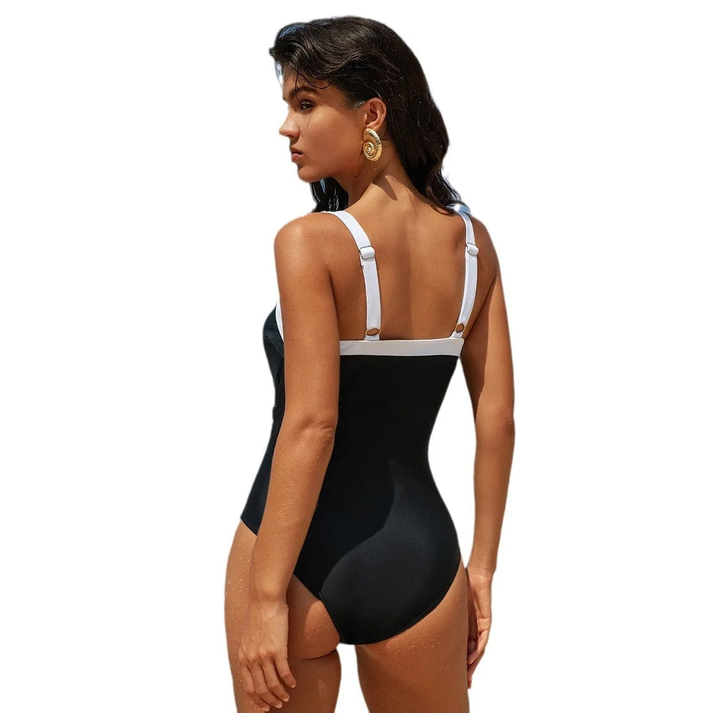 V Neck Swimsuit Black, Red Bikini Ruched Waist Green Monokini High Cut Legs Blue Swimsuit Sleeveless Solid Color Contrast Trim